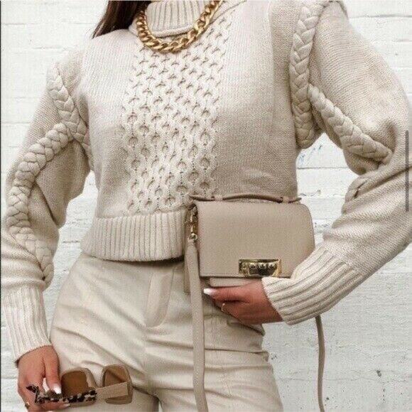 ZARA Wool Blend Cropped Sweater Mock Neck Cable Knit Turtleneck Bloggers fav - Picture 1 of 16